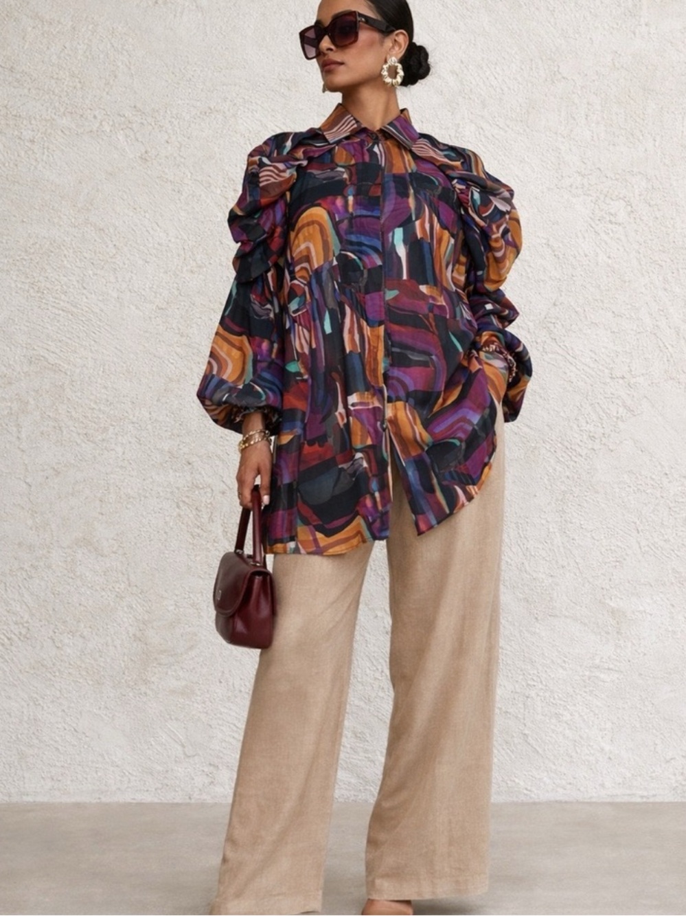 Isla & White Silk Blend Puff Shoulder Long Sleeve Blouse - Sz Medium